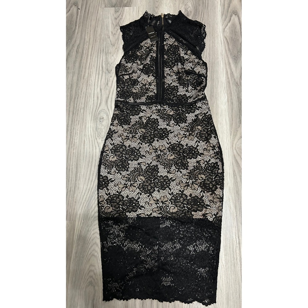 Bebe Lace Midi Dress Black Nude Mock Neck NWT y2k party sleeveless luxury zipper